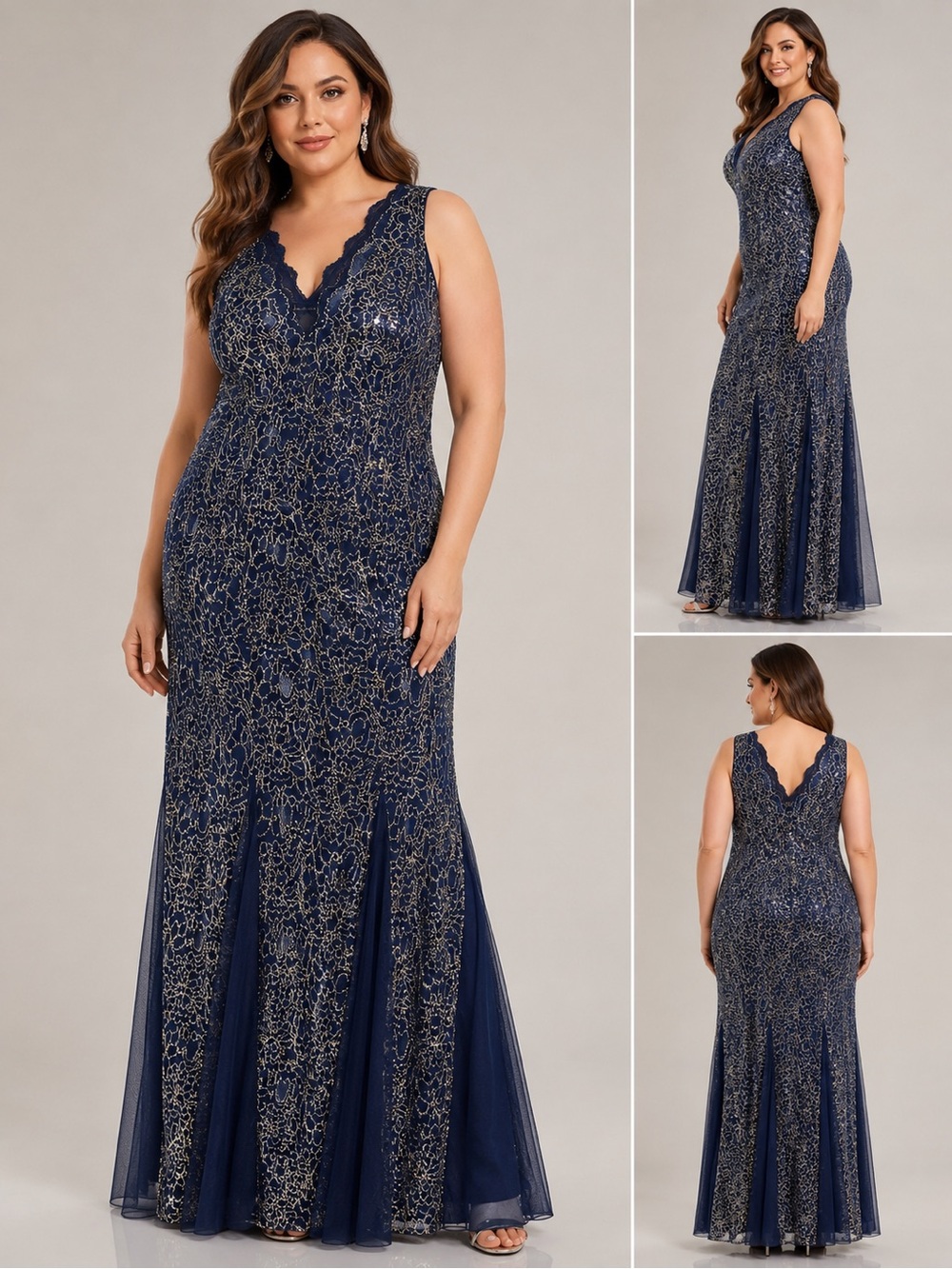 Candalite Woman 1X Navy Gold Lace Sequin Maxi Gown Godet Hem Sleeveless Dress